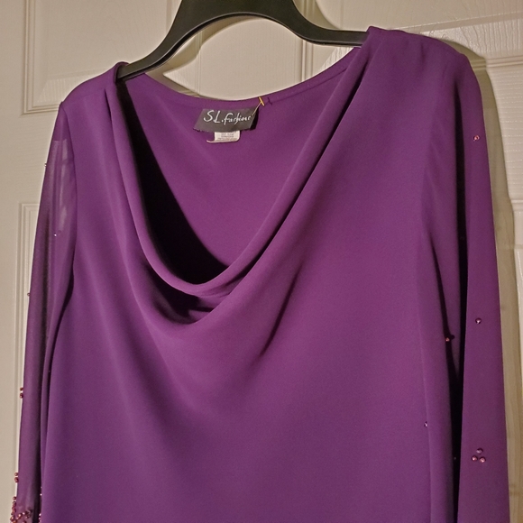 S. L. Fashions Drape Neck Top, Beaded Sleeves - Picture 4 of 6